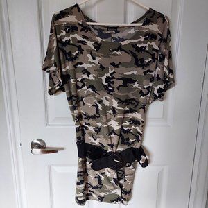 Seduction Drop waist Belt Camo Long T-shirt Dress, Size L